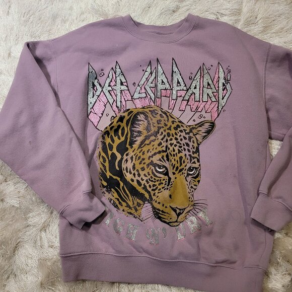 Def Leppard Sweater Glitter Animal Print Mauve Pink Sz S - Picture 2 of 8